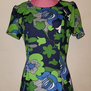 ANGEE: Vintage 60s Retro Mod Short A-Line Blue/Green Floral Dress, size Adult S?